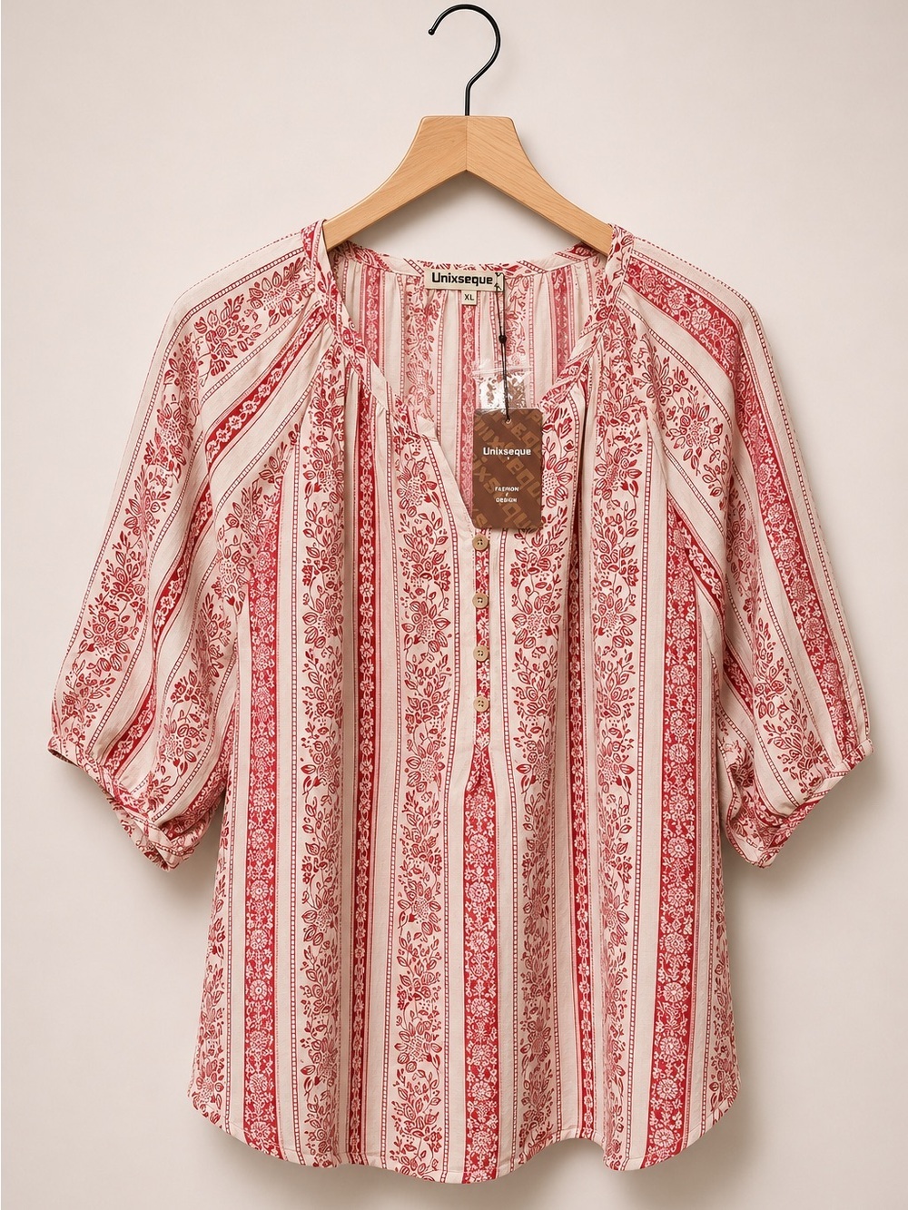 Unixseque Boho Red & Cream Split-Neck Floral Stripe Blouse (rack)